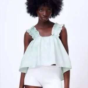 ZARA Tie Dye Babydoll Ruffle Strap Crop Top Green Size Small